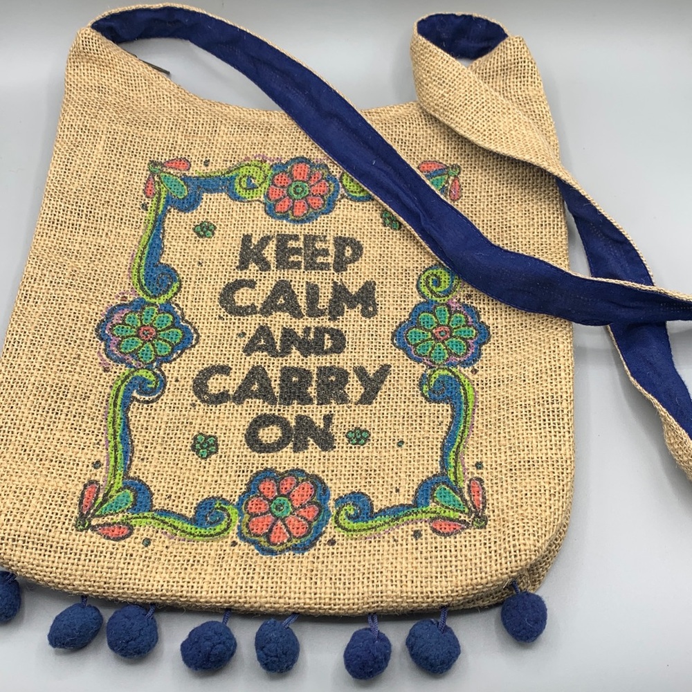 Keep Calm and Carry On Burlap Crossbody Bag Natural Blue Pom Pom Trim